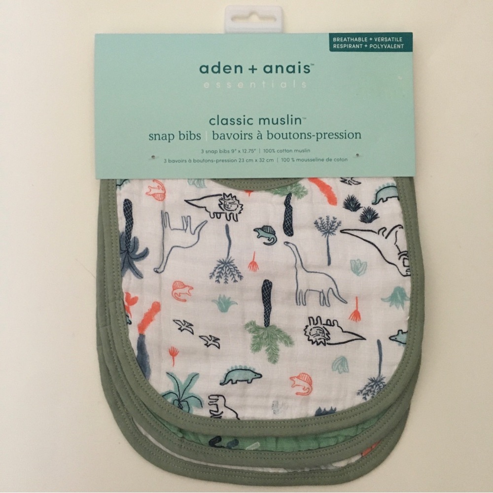 NEW aden + anais Cotton Muslin Snap Bibs Dinosaur and Leaf Prints Set of 3